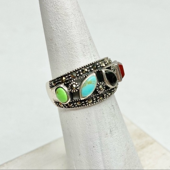 Sterling 925 Boho Marcasite Turquoise Blue Onyx Jasper Agate Ring Size 6 - Picture 4 of 14